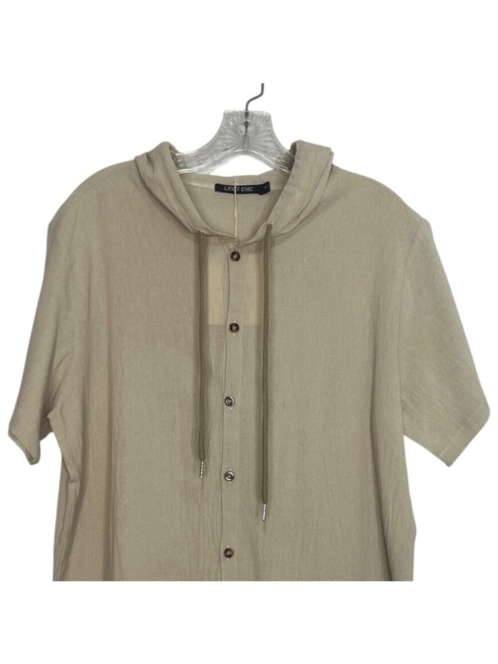 Lingt‎ Chic Hooded Button Up Shirt Small Beige New Short Sleeves Lightweight - Picture 3 of 8